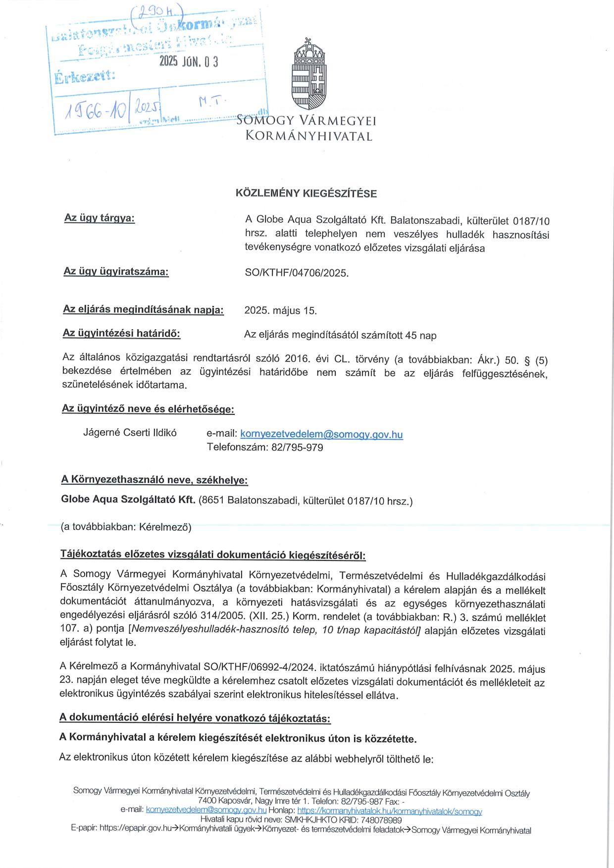 Közlemény kiegészítése Globa Aqua környezetvédelmi hatósági eljárás 1