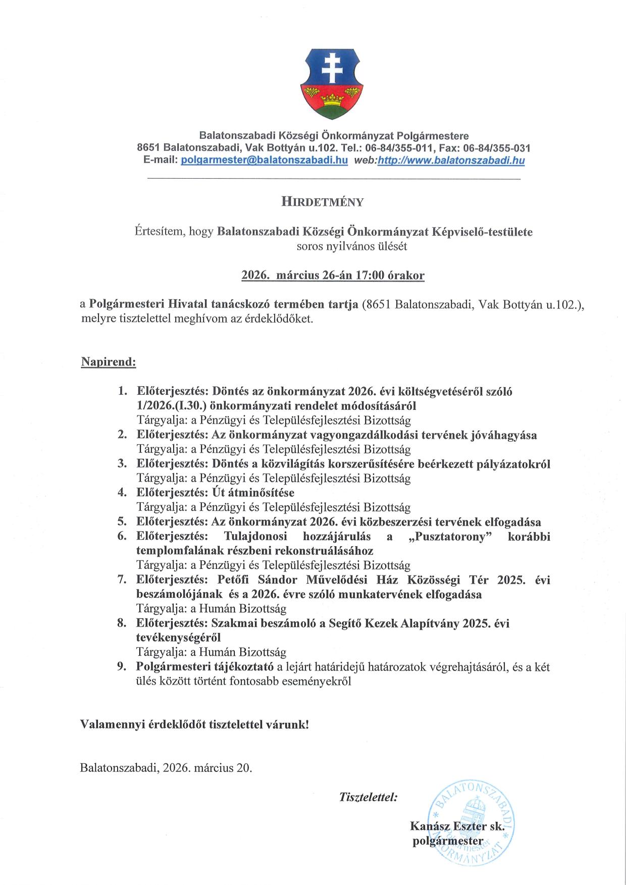 Hirdetmény 2026.03.26. KT ülés 1