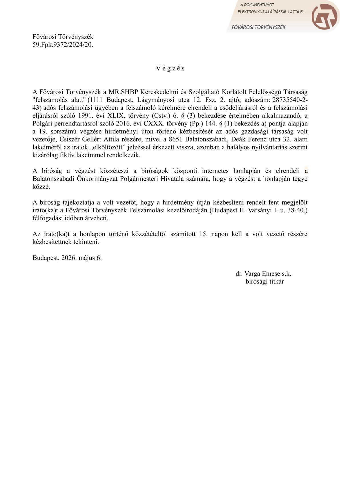 MR.SHBP Kft. hirdetmény 1